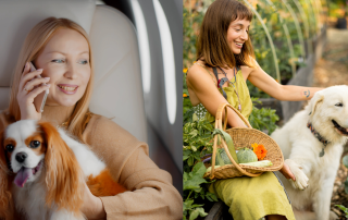 On the left, a sophisticated woman flying in a private jet with a King Charles Spaniel on her lap. On the right, a woman in a flowing dress on a farm, holding a basket of veggies with a Great Pyrenees dog by her side.